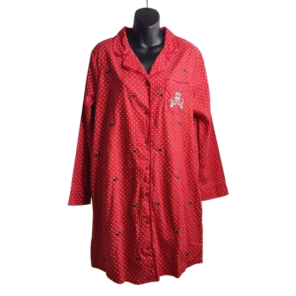 Vtg Laura Scott Womens Red Polka Dot Flannel Nightgown Scottie Dog Sleep Shirt M